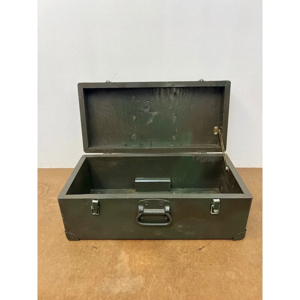 Vintage Military Wooden Chest Case OD Green Trunk Locking Tool Box Storage US